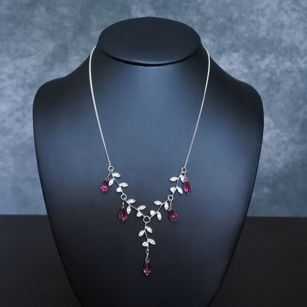 Sterling Silver Leaf Vine Rhinestone Pink Crystal Necklace